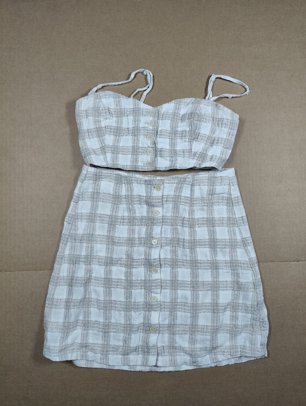 Reformation Ivory Beige Plaid 2 Piece Button Front Top Mini Skirt Set Size 2